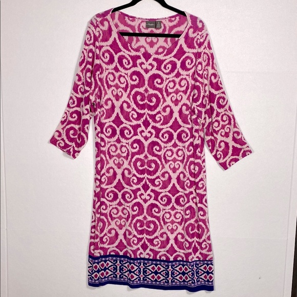 Chicos Travelers Ilkat Pink and White Scroll Patterned Jersey Dress size 3 - Picture 1 of 10